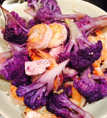 Purple cauliflower with shrimp and tofu